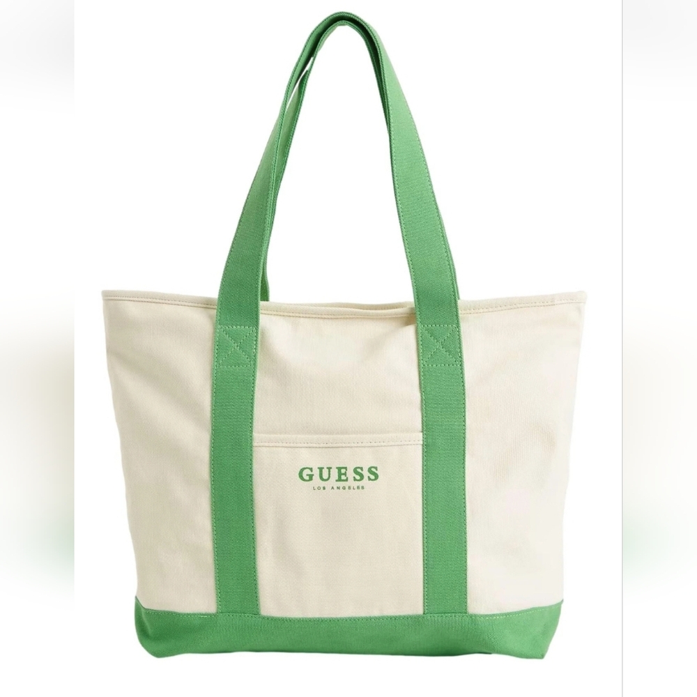 NWT GUESS Green Logo Large Canvas Tote Bag Shopper Handbag Purse Gym Bag